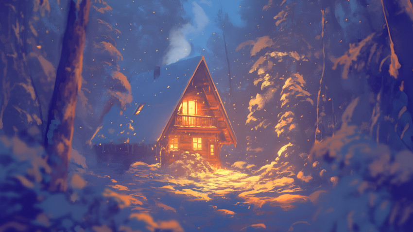 Cozy Cabin Winter Forest Desktop Wallpaper 4k